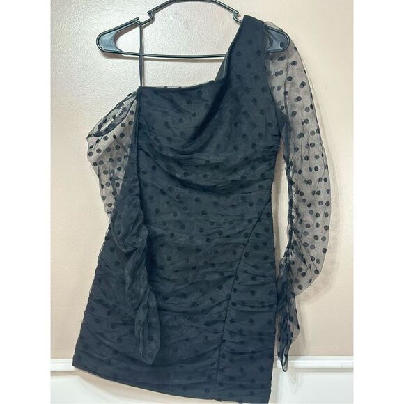 NWOT Hello Molly Meet Me At The Bar Ruched Sheer Dotted Sleeve Black Mini Dress - Picture 2 of 14